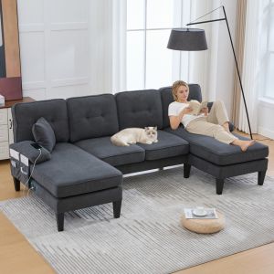 Sofá en u lino gris oscuro 4 plazas con 2 chaise longue y puertos usb