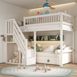 Cama multifuncional 90x200cm con escalera y almacenaje madera – blanco