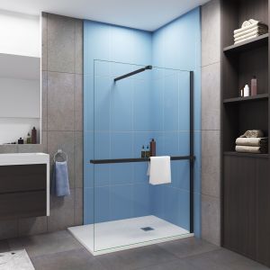 Mampara de ducha fija con estante-140x200cm-vidrio 8mm-barra 73-120cm-negro