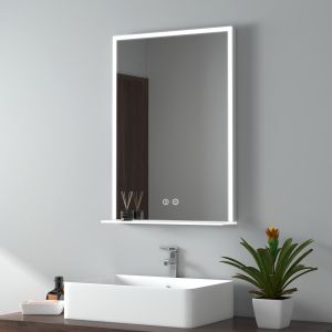 Emke espejo LED baño 50x70 cm con repisa vidrio táctil anti-vaho luz blanca