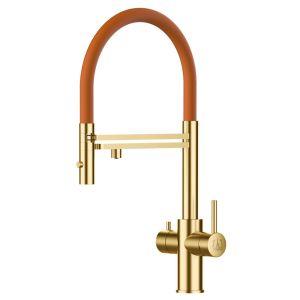 Grifo de cocina 5 vías acero inox ducha 2 chorros, pvd oro satinado/naranja