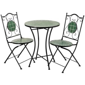 Conjunto mesa y 2 sillas de mosaico y forja verde, mesa:d60x75h-silla(
