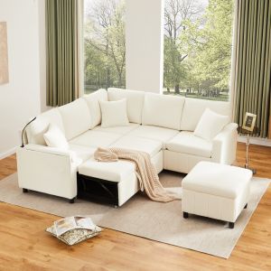 Sofá cama l chenilla beige 3 plazas con otomana, mesa y luz