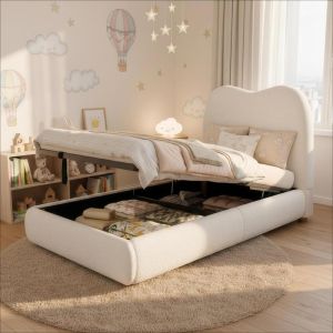 Cama tapizada 90x200 cm con canapé y cabecero bouclé – color beige