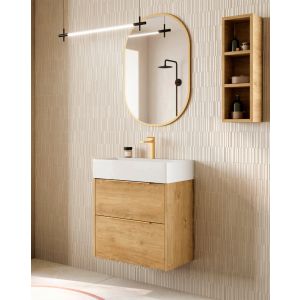 Mueble baño suspendido fondo reducido lavabo cerámico roble tirador oro