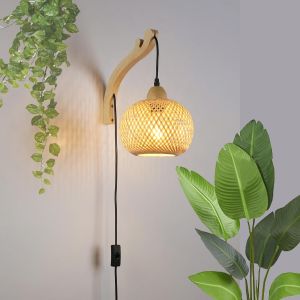 Aplique de pared en madera, pantalla de mimbre redonda con cable,