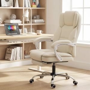 Silla oficina ergonómica beige reclinable con reposapiés