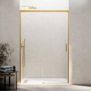 Mampara frontal basic fijo + corredera transparente oro 130 cm