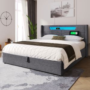 Cama tapizada 140x200cm LED usb tipo c canapé lino gris con colchón