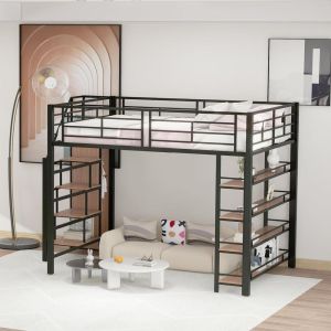 Cama alta 140x200cm metal con escalera, armario y estantes negro
