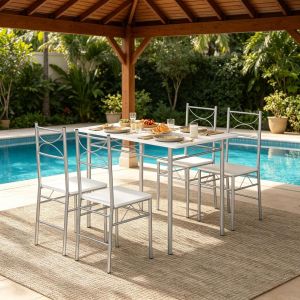 Conjunto de mesa y 4 sillas metal y mdf blanco y plata