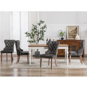 Silla de comedor terciopelo gris set 4 con patas madera y aro