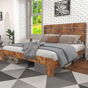 Cama doble de madera con somier de láminas 140x200cm marrón