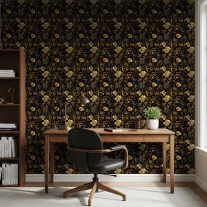 Papel pintado floral diseño elegante flores fondo negro 60cm por 300cm