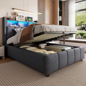 Cama infantil 90x200cm con LED usb, baúl elevable y estante, gris lino