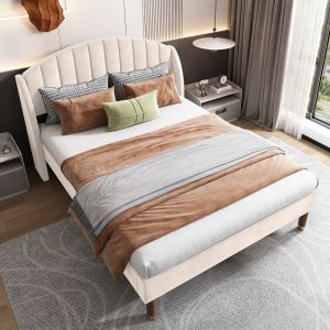 Cama tapizada 140x200cm con somier de lamas terciopelo – beige