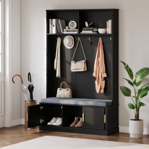 Mueble recibidor con banco zapatero y 6 ganchos negro 191x120x40cm