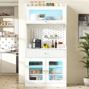 Aparador para cocina comedor con LED y cristal acanalado blanco 180x80x40cm