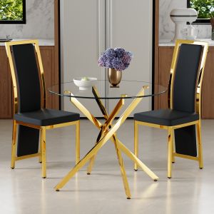 Mesa de comedor redonda con 2 sillas vidrio y metal negro dorado 75x88x88cm