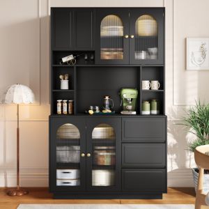 Aparador alto para salón y cocina 4 puertas 3 cajones negro 175x106x30cm