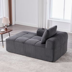 Sillón chaise longue pana gris oscuro 1 plaza con bolsillos y portavasos