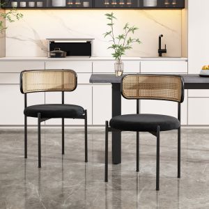 Silla de comedor terciopelo negro set 2 con respaldo ratán