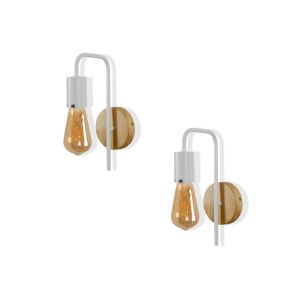 Pack de 2 apliques de pared con base de madera y metal blanco,E27