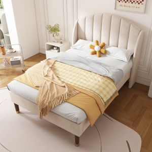 Cama tapizada 90x200cm con somier de lamas terciopelo – beige