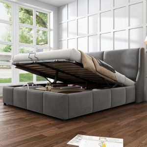 Cama de matrimonio 140x200cm con canapé hidráulico en terciopelo gris