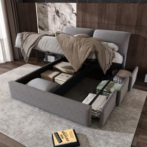 Cama 140x190 cm terciopelo gris con almacenaje y canapé