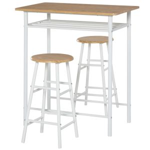 Conjunto de mesa alta industrial blanco con 2 taburetes y estante