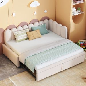Cama nido en l 90/180x200cm tapizado en terciopelo – color beige