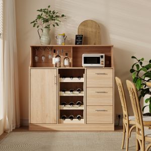 Aparador bar para cocina/comedor LED botellero cajones natural 121x120x40cm