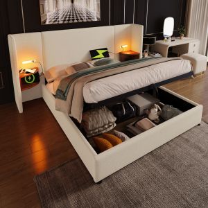 Cama con canapé 160x200cm con lámpara usb y estantería lino – beige