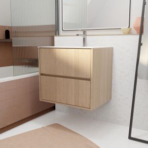 Pack mueble de baño 60 cm roble claro 2 cajones con lavabo de cerámica