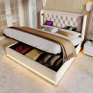Cama 140x200 cm con somier, almacenamiento hidráulico, LED, usb, beige