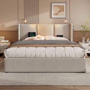 Cama 180x200 cm con canapé, luz de lectura y usb lino