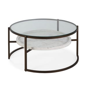 Mesa de centro 92x92x45 cristal, metal bronce, marmol blanco