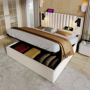 Cama tapizada 180x200cm con almacenaje luz lectura carga usb algodón beige