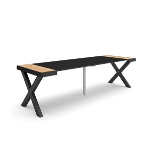 Mesa extensible, 58/262x90x73cm, roble y negro, patas madera maciza rf2809