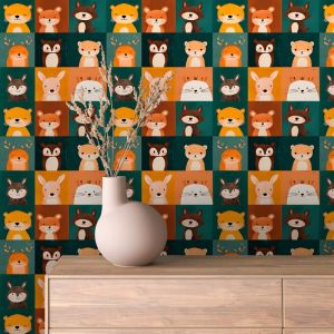 Papel baby bosque animales en recuadros naranja y verde 60cm por 250cm