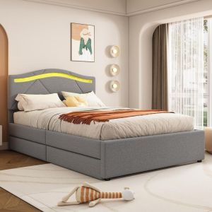 Cama tapizada con LED y cajones 90x200cm gris