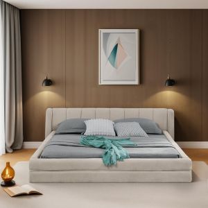Cama doble 140x200cm con cabecero cómodo, eucalipto y hierro, beige