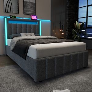 Cama tapizada 90x200cm LED usb cajones lino gris con colchón