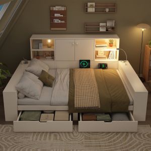 Cama multifuncional 140x200cm con cajones y almacenaje mdf blanco