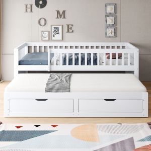 Cama de madera maciza,90x200cm,totalmente cerrada,blanca
