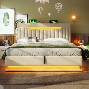 Cama doble 180x200cm con LED rgb y usb beige