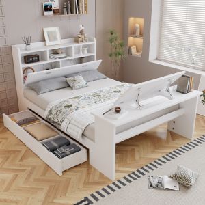 Cama 140x200cm con cajón, estantería y mesa abatible