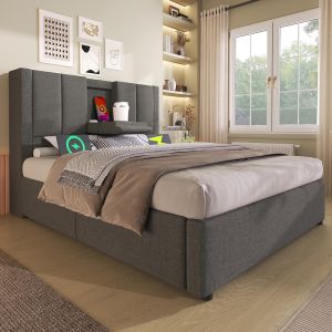 Cama tapizada,90x200,portavasos ocultos,gris