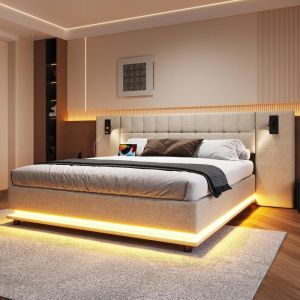 Cama tapizada 180x200cm con luces LED y puerto usb beige